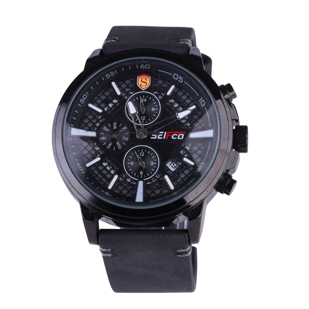 SEIFCO Sport Men’s Quartz Watch with Textured Black Dial and Black Leather Strap
