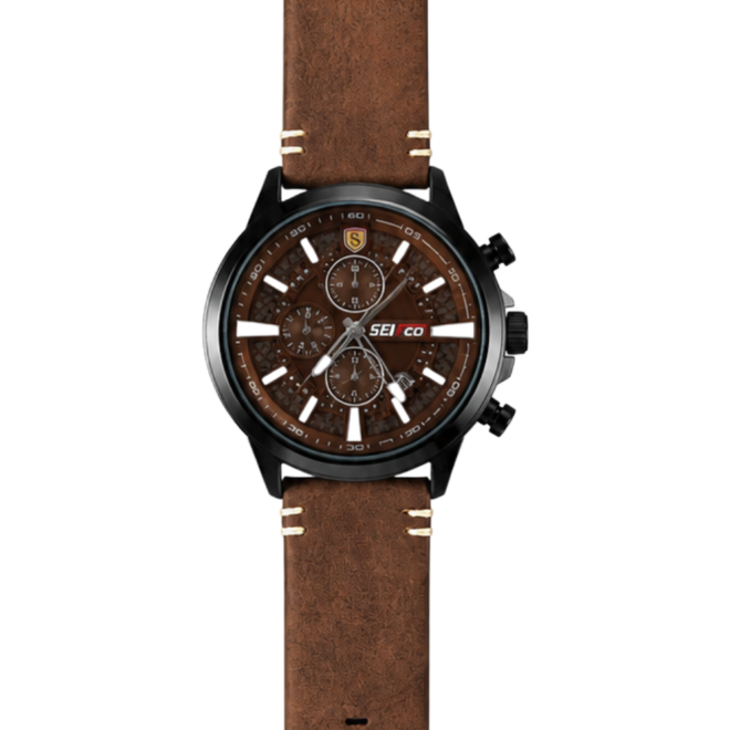 SEIFCO Sport Men’s Quartz Watch with Textured Brown Dial and Brown Leather Strap