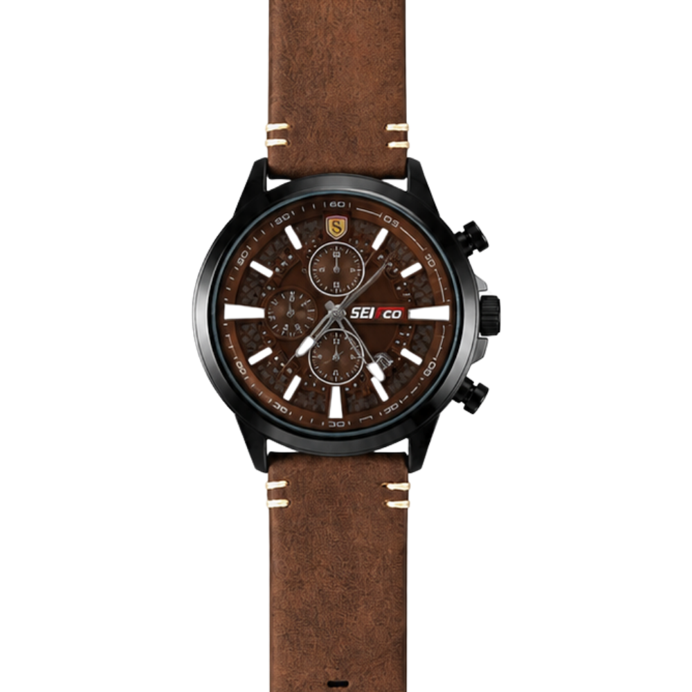 SEIFCO Sport Men’s Quartz Watch with Textured Brown Dial and Brown Leather Strap
