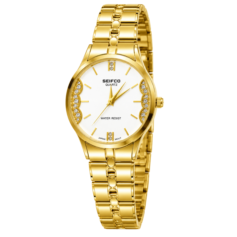 SEIFCO Classic Unisex Stainless Steel Watch with White Dial and Gold Bracelet