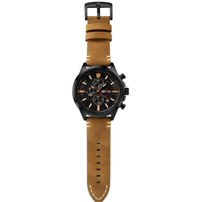 SEIFCO Sport Men’s Quartz Watch with Textured Black Dial and Brown Leather Strap