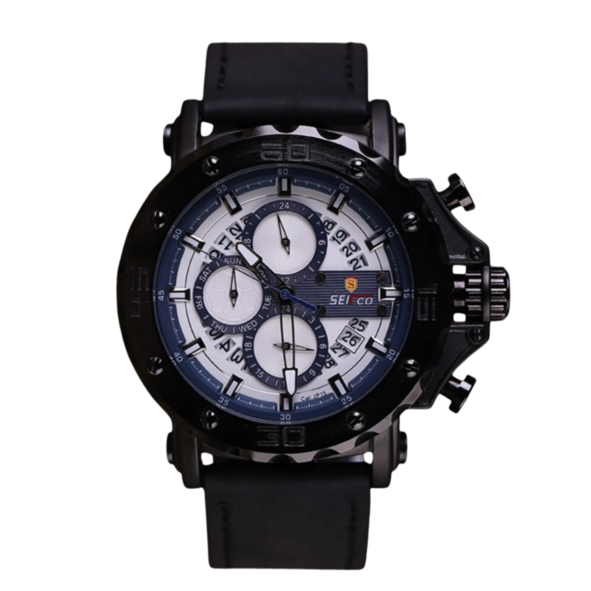 SEIFCO Sport Men’s Quartz Watch with White Multi-Dial and Black Leather Strap