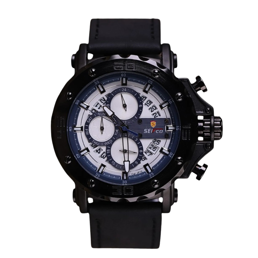 SEIFCO Sport Men’s Quartz Watch with White Multi-Dial and Black Leather Strap