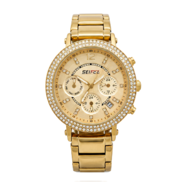 SEIFCO Classic Women’s Stainless Steel Quartz Watch with Gold Dial and Gold Bracelet
