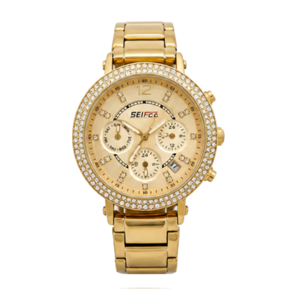 SEIFCO Classic Women’s Stainless Steel Quartz Watch with Gold Dial and Gold Bracelet