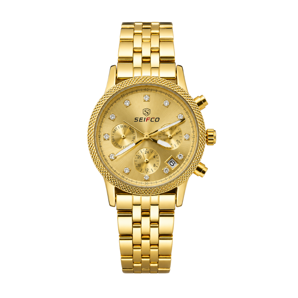 SEIFCO Classic Women’s Stainless Steel Quartz Watch with Gold Dial and Gold Bracelet