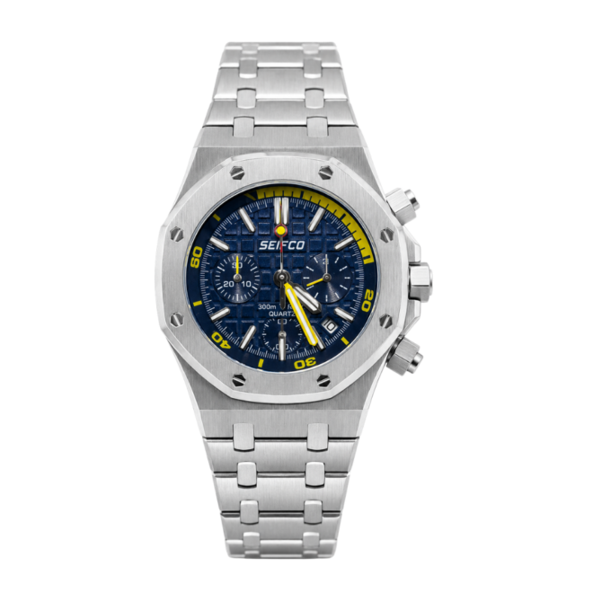Men’s Stainless Steel Watch with Textured Blue Dial and Silver Bracelet