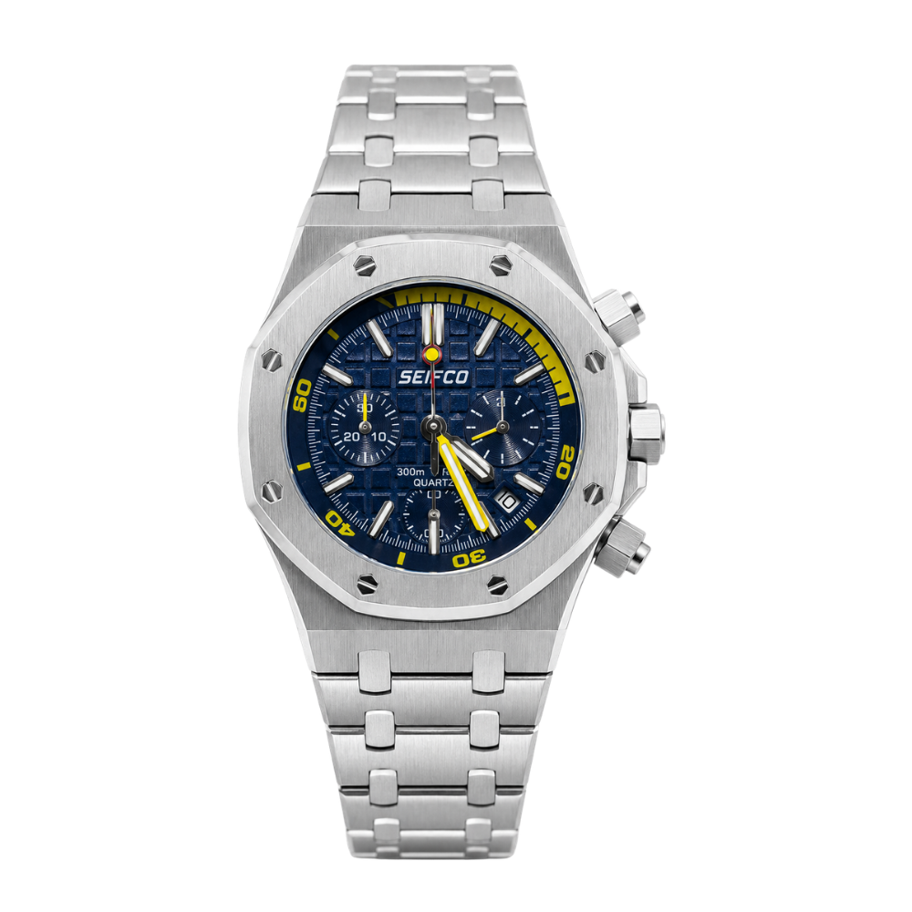 Men’s Stainless Steel Watch with Textured Blue Dial and Silver Bracelet