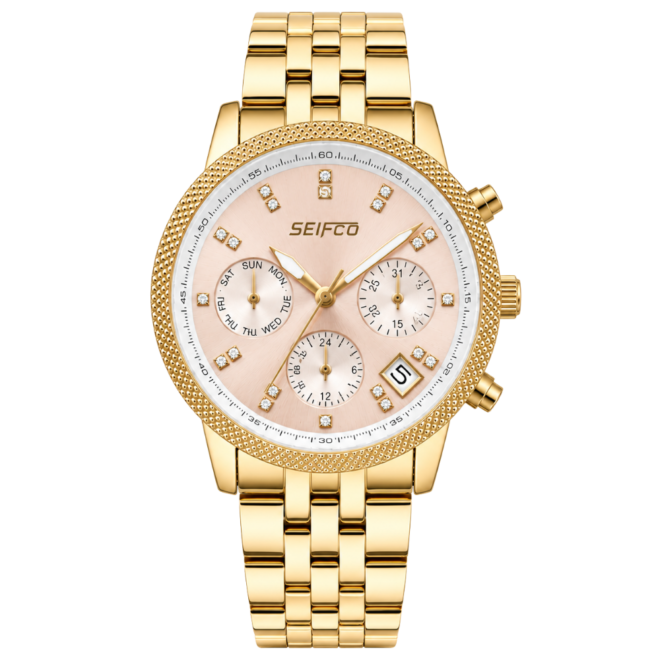 SEIFCO Classic Women’s Stainless Steel Quartz Watch with Rose Gold Dial and Gold Bracelet