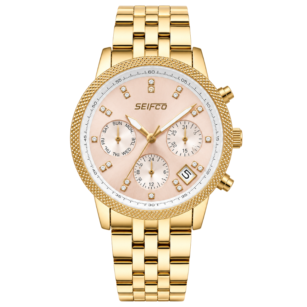 SEIFCO Classic Women’s Stainless Steel Quartz Watch with Rose Gold Dial and Gold Bracelet