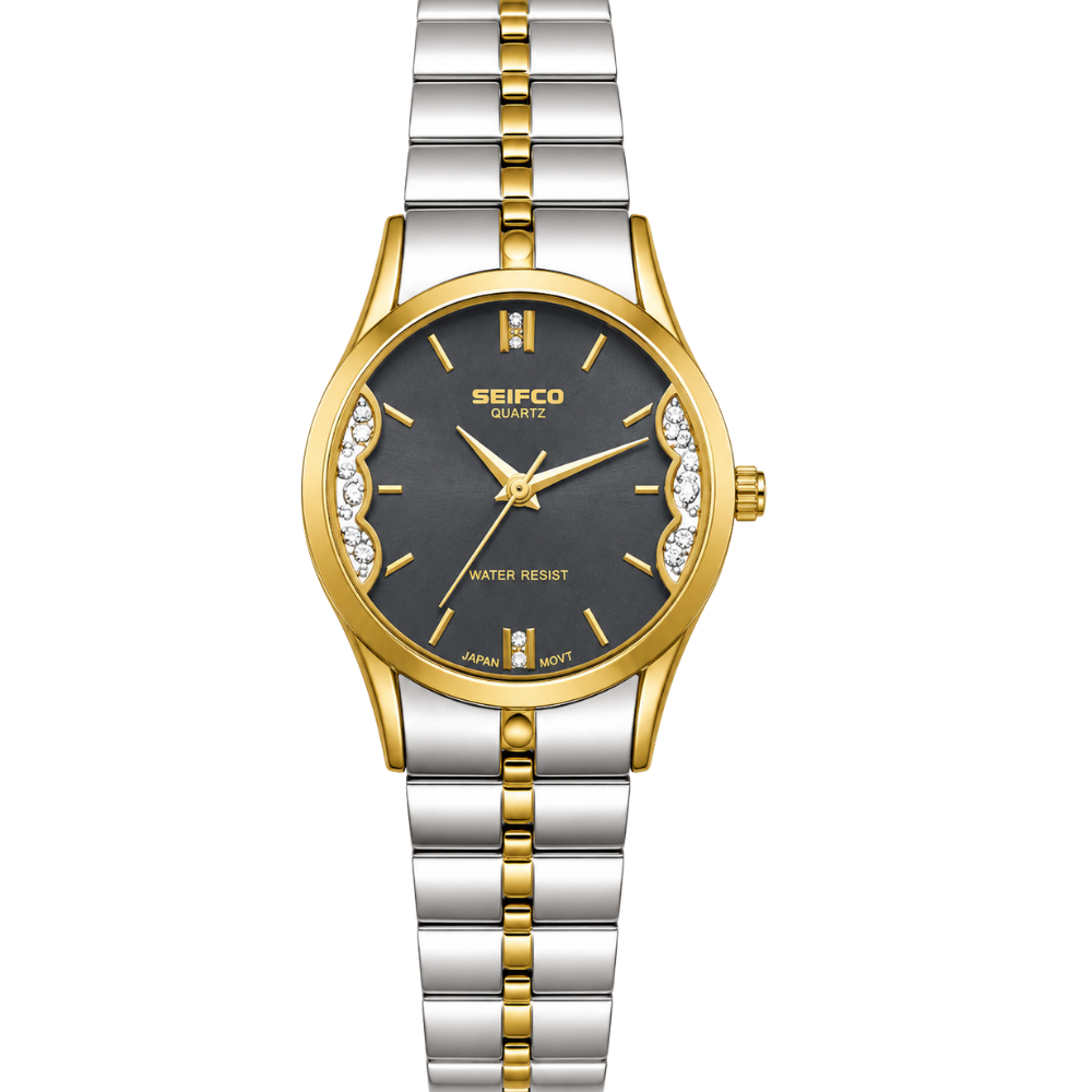 SEIFCO Classic Unisex Stainless Steel Watch with Black Dial and Silver Gold Bracelet