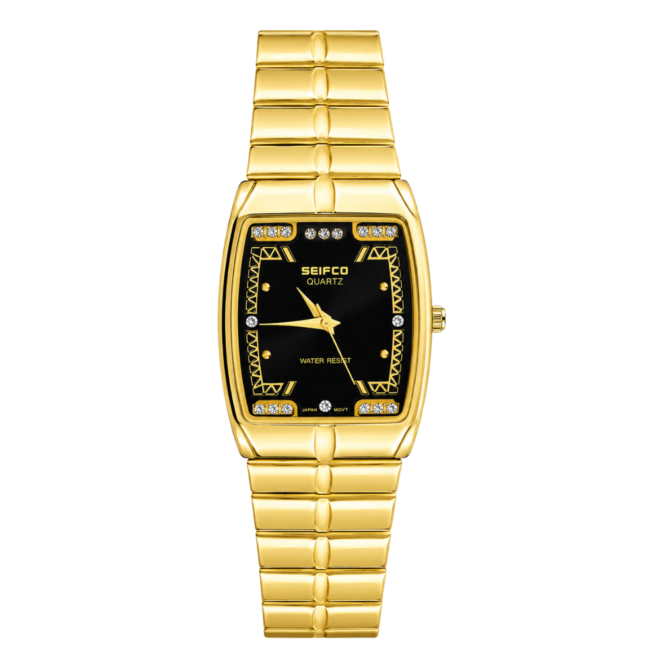 SEIFCO Classic Women’s Stainless Steel Quartz Watch with Black Dial and Gold Bracelet