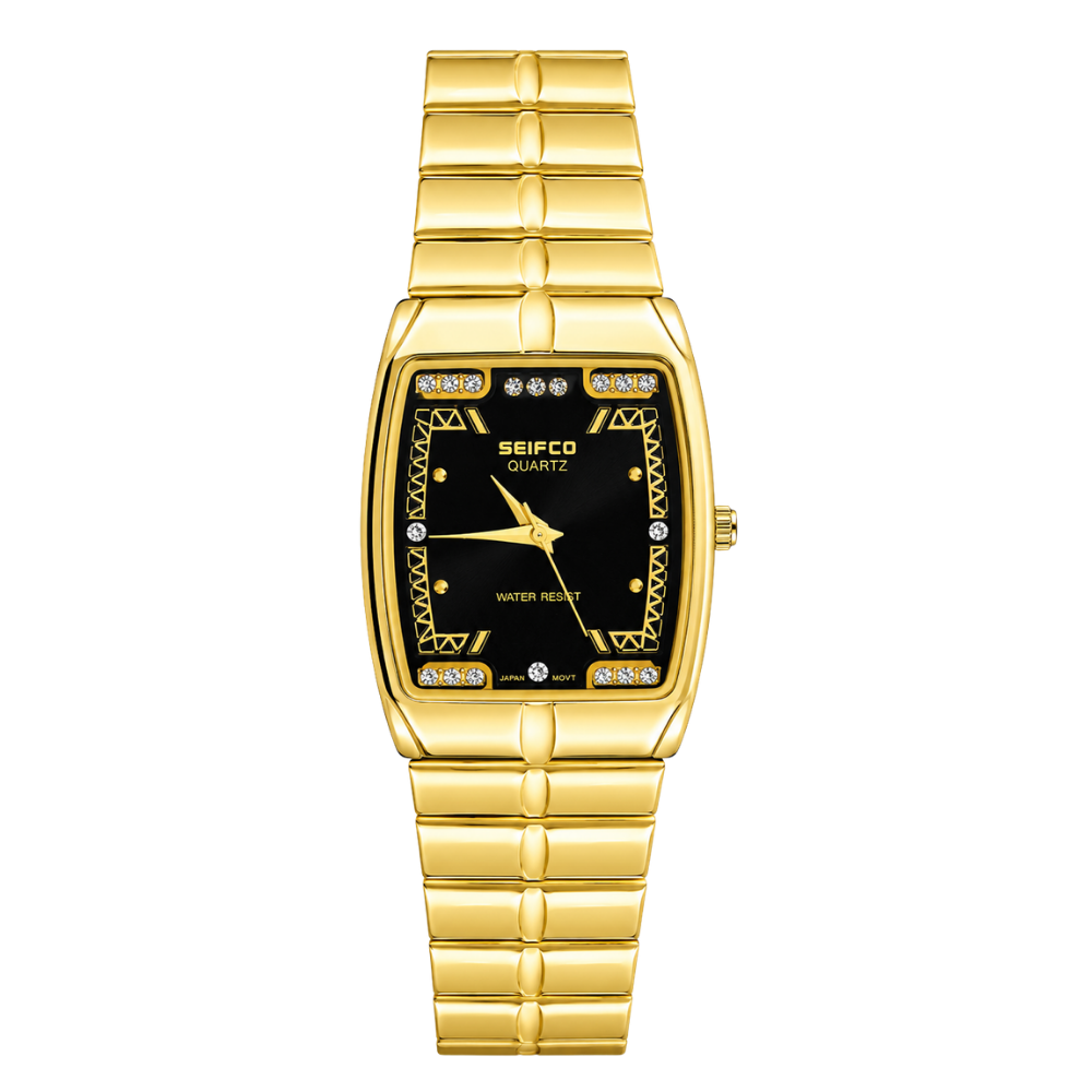 SEIFCO Classic Women’s Stainless Steel Quartz Watch with Black Dial and Gold Bracelet