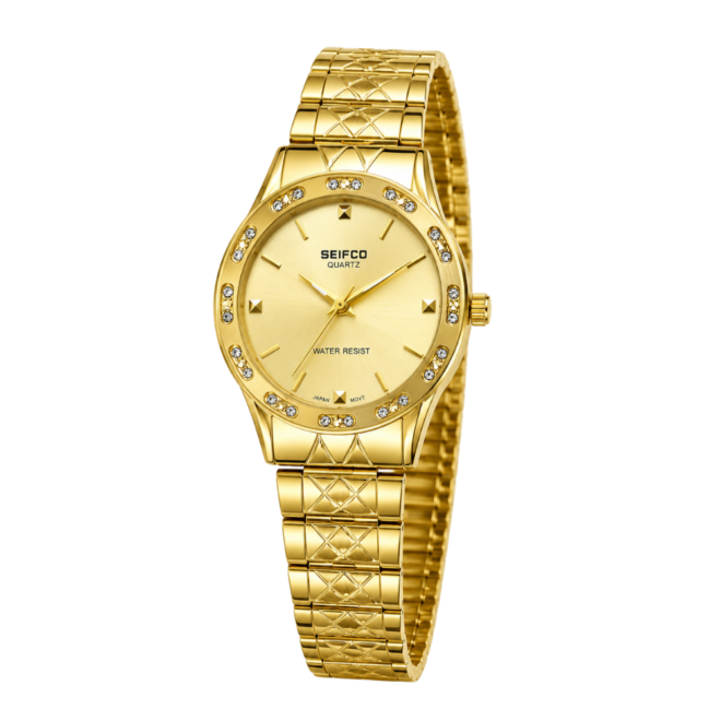 SEIFCO Classic Women’s Stainless Steel Quartz Watch with Gold Dial and Gold Bracelet