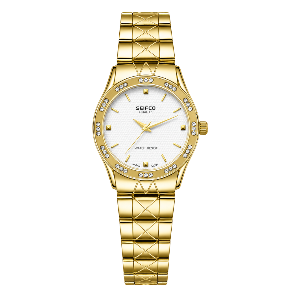 SEIFCO Classic Women’s Stainless Steel Quartz Watch with White Dial and Gold Bracelet