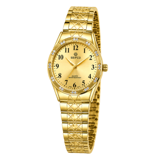 SEIFCO Classic Women’s Stainless Steel Quartz Watch with Gold Dial and Gold Bracelet