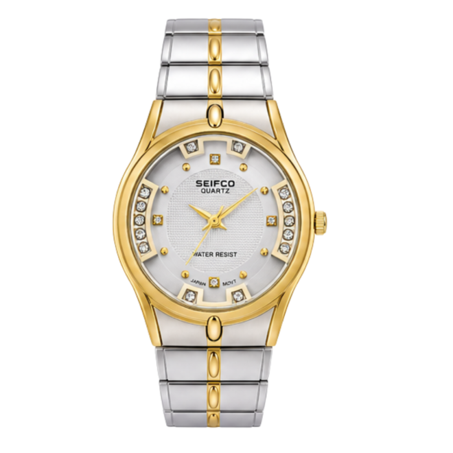 SEIFCO Classic Women’s Stainless Steel Quartz Watch with White Dial and Silver Gold Bracelet
