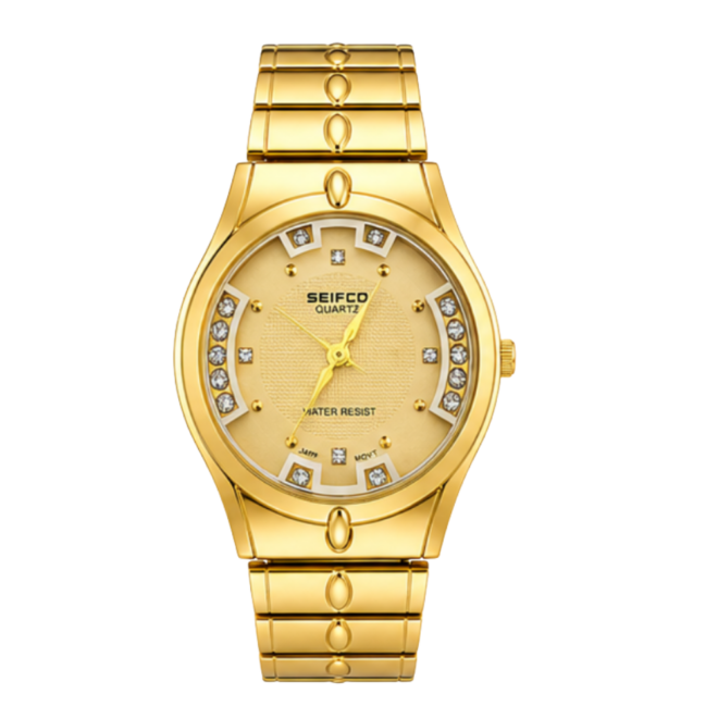 SEIFCO Classic Women’s Stainless Steel Quartz Watch with Gold Dial and Gold Bracelet