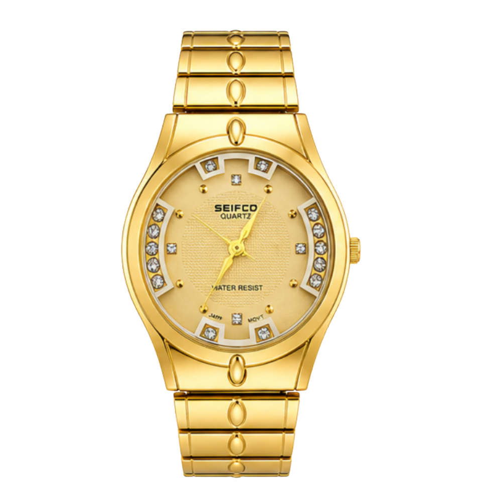 SEIFCO Classic Women’s Stainless Steel Quartz Watch with Gold Dial and Gold Bracelet
