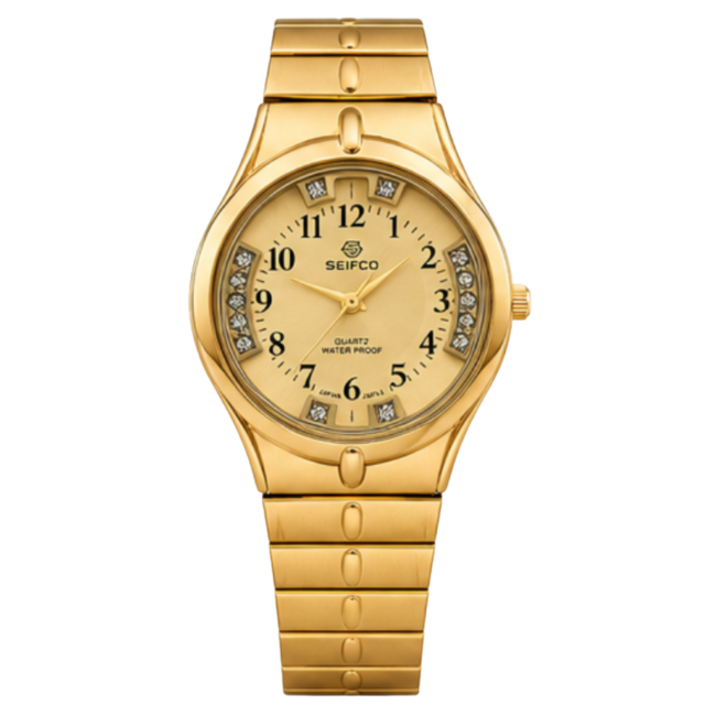 SEIFCO Classic Women’s Stainless Steel Quartz Watch with Gold Dial and Gold Bracelet