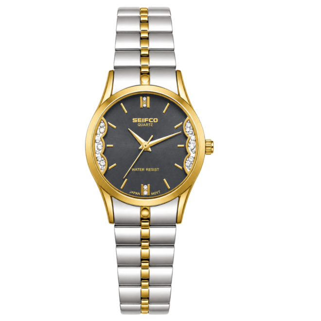 SEIFCO Classic Women’s Stainless Steel Quartz Watch with Black Dial and Silver Gold Bracelet