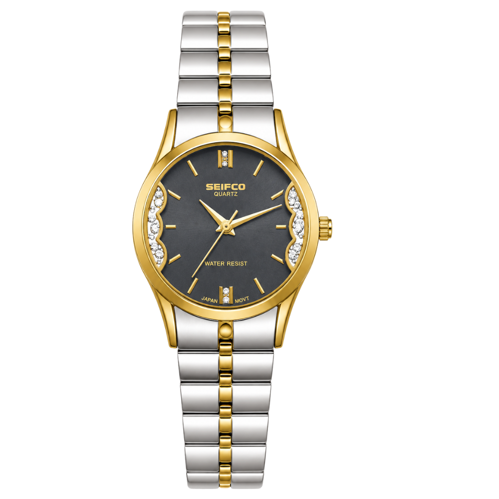 SEIFCO Classic Women’s Stainless Steel Quartz Watch with Black Dial and Silver Gold Bracelet