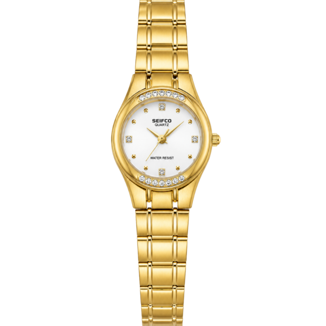 SEIFCO Classic Unisex Stainless Steel Watch with White Dial and Gold Bracelet