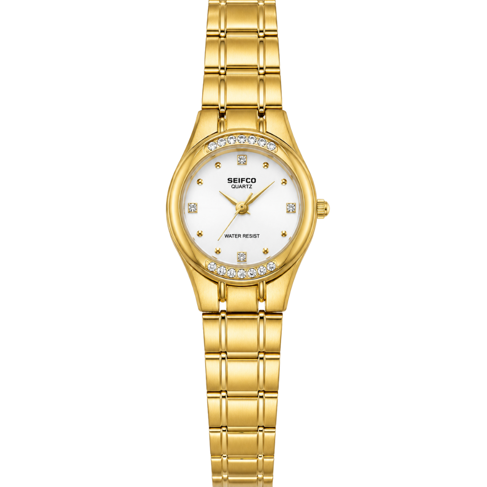 SEIFCO Classic Unisex Stainless Steel Watch with White Dial and Gold Bracelet