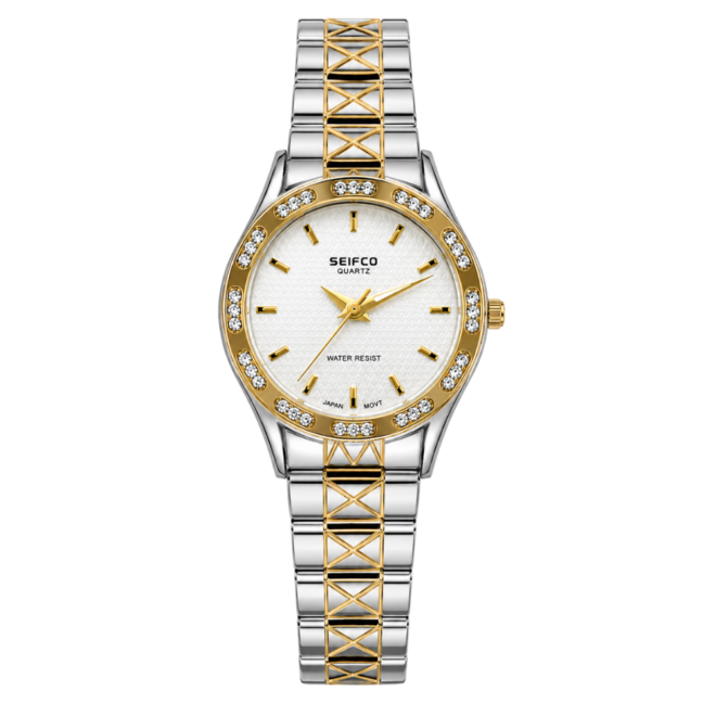 SEIFCO Classic Unisex Stainless Steel Quartz Watch with White Dial and Silver Gold Bracelet