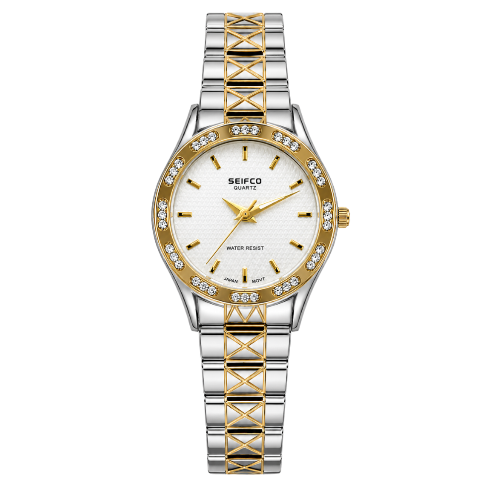 SEIFCO Classic Unisex Stainless Steel Quartz Watch with White Dial and Silver Gold Bracelet