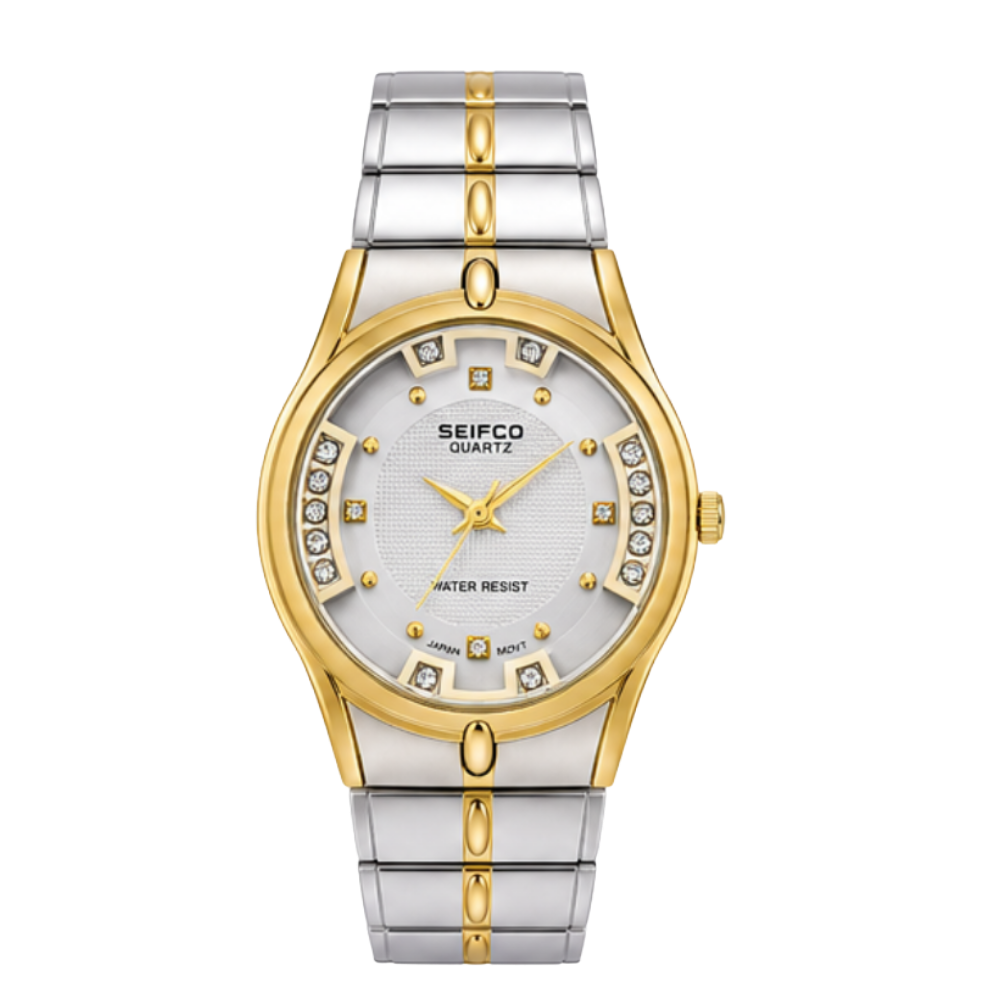SEIFCO Classic Unisex Stainless Steel Quartz Watch with White Dial and Silver Gold Bracelet