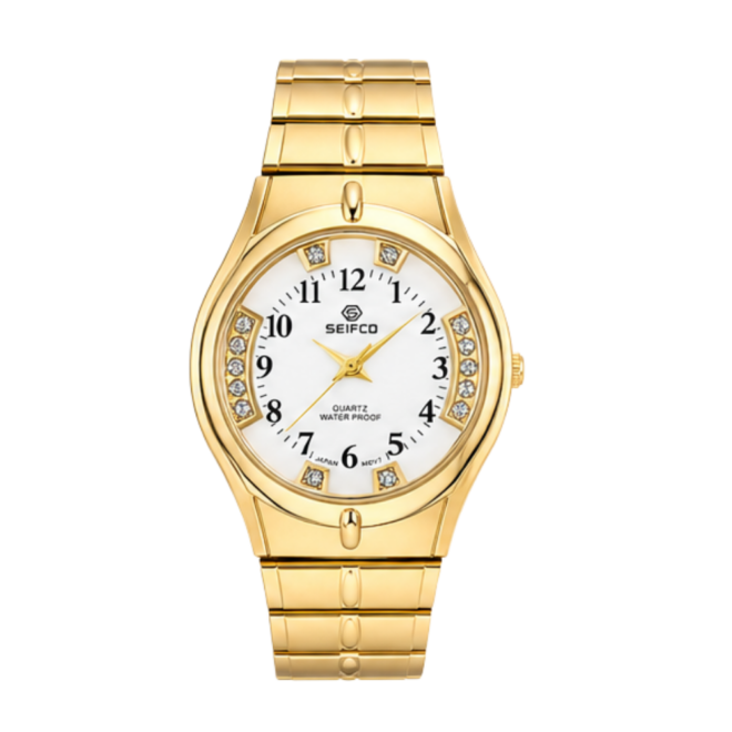 SEIFCO Classic Unisex Stainless Steel Quartz Watch with White Dial and Gold Bracelet
