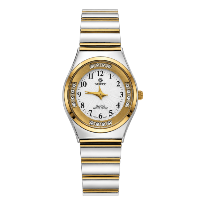 SEIFCO Classic Women’s Stainless Steel Quartz Watch with White Dial and Silver Gold Bracelet