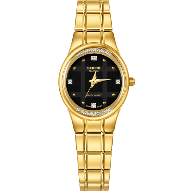 SEIFCO Classic Unisex Stainless Steel Watch with Black Dial and Gold Bracelet