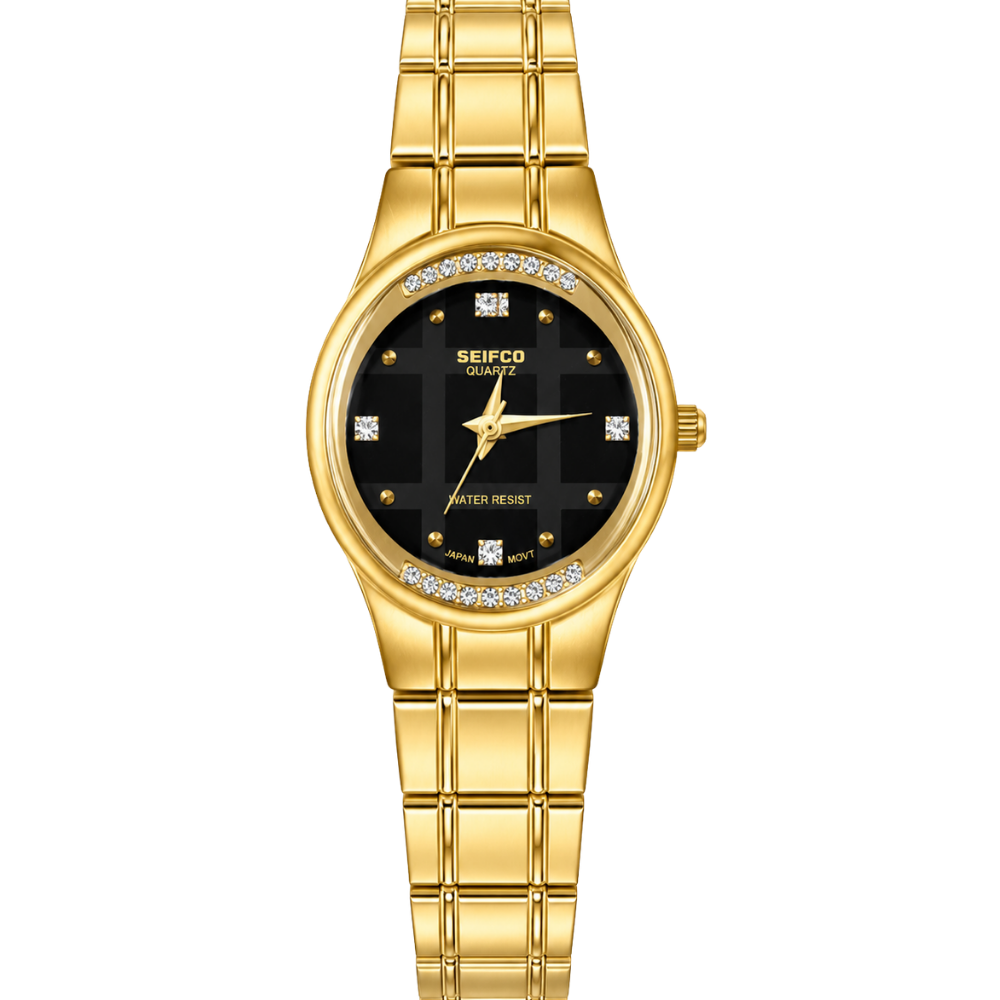SEIFCO Classic Unisex Stainless Steel Watch with Black Dial and Gold Bracelet