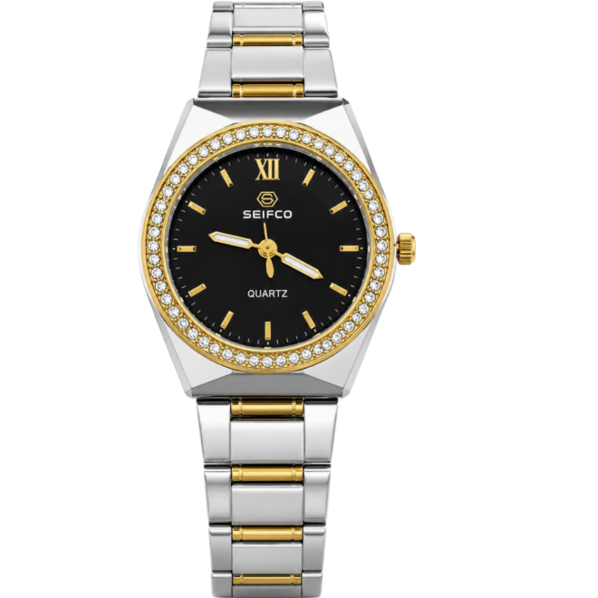 SEIFCO Classic Women’s Stainless Steel Watch with Black Dial and Silver Gold Bracelet