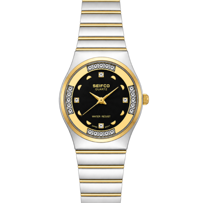 SEIFCO Classic Women’s Stainless Steel Quartz Watch with Black Dial and Gold Bracelet