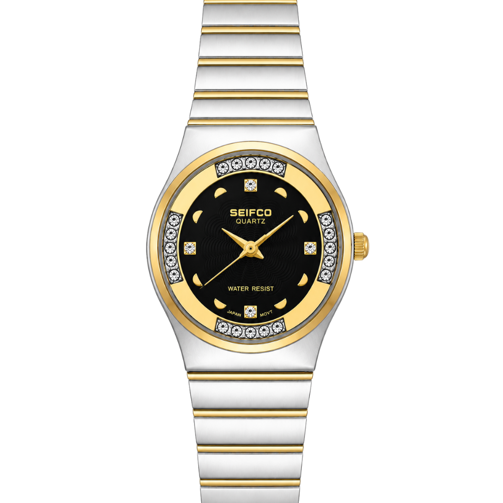 SEIFCO Classic Women’s Stainless Steel Quartz Watch with Black Dial and Gold Bracelet