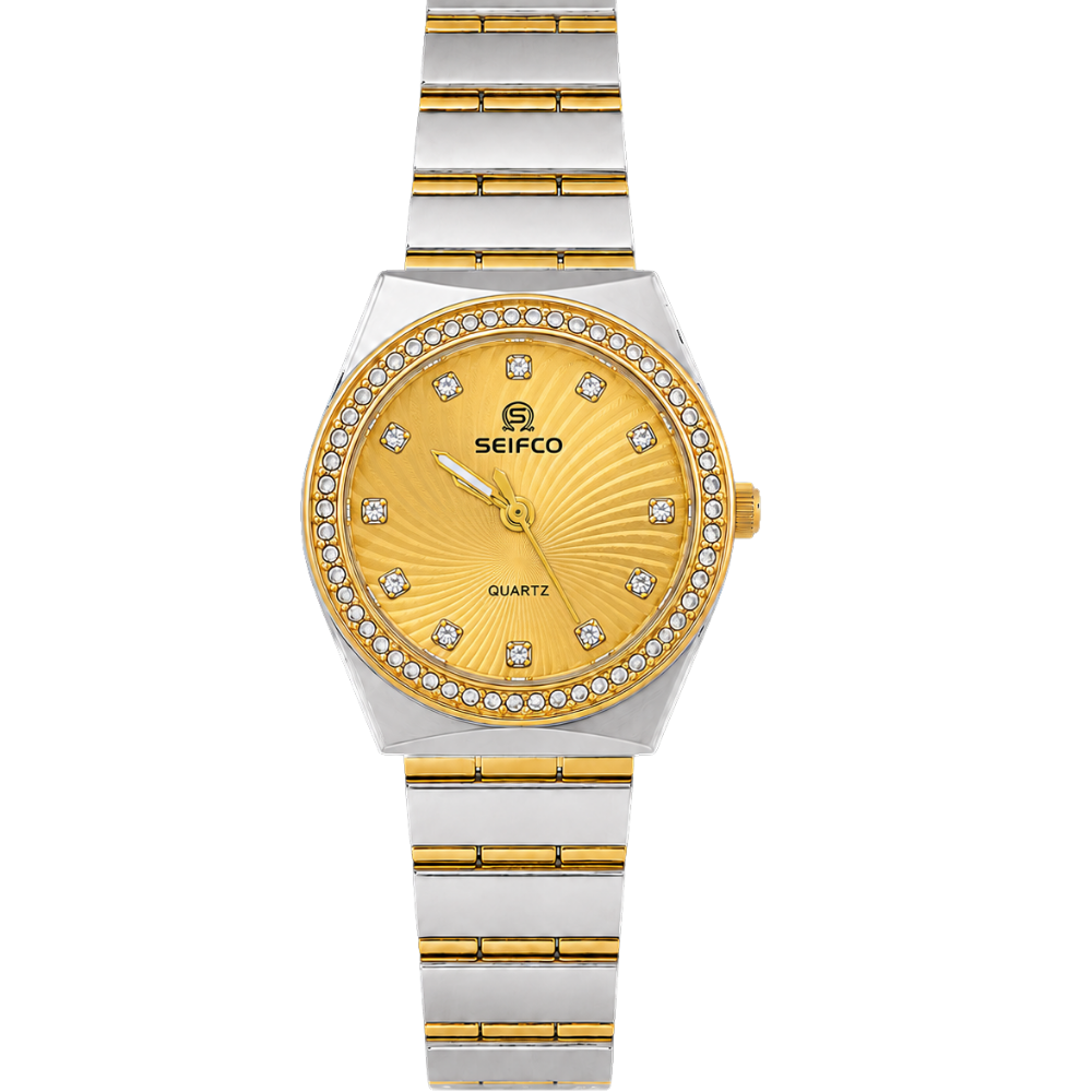 SEIFCO Classic Women’s Stainless Steel Watch with Gold Dial and Silver Gold Bracelet