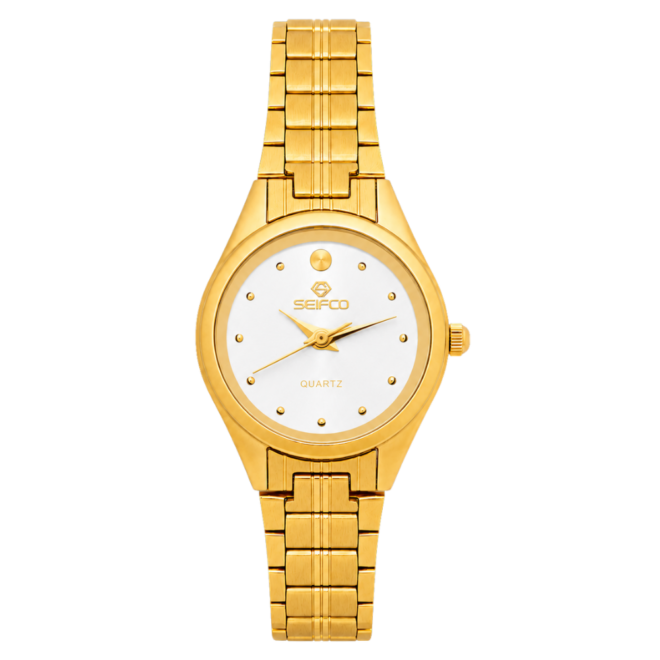 SEIFCO Classic Women’s Stainless Steel Quartz Watch with White Dial and Gold Bracelet