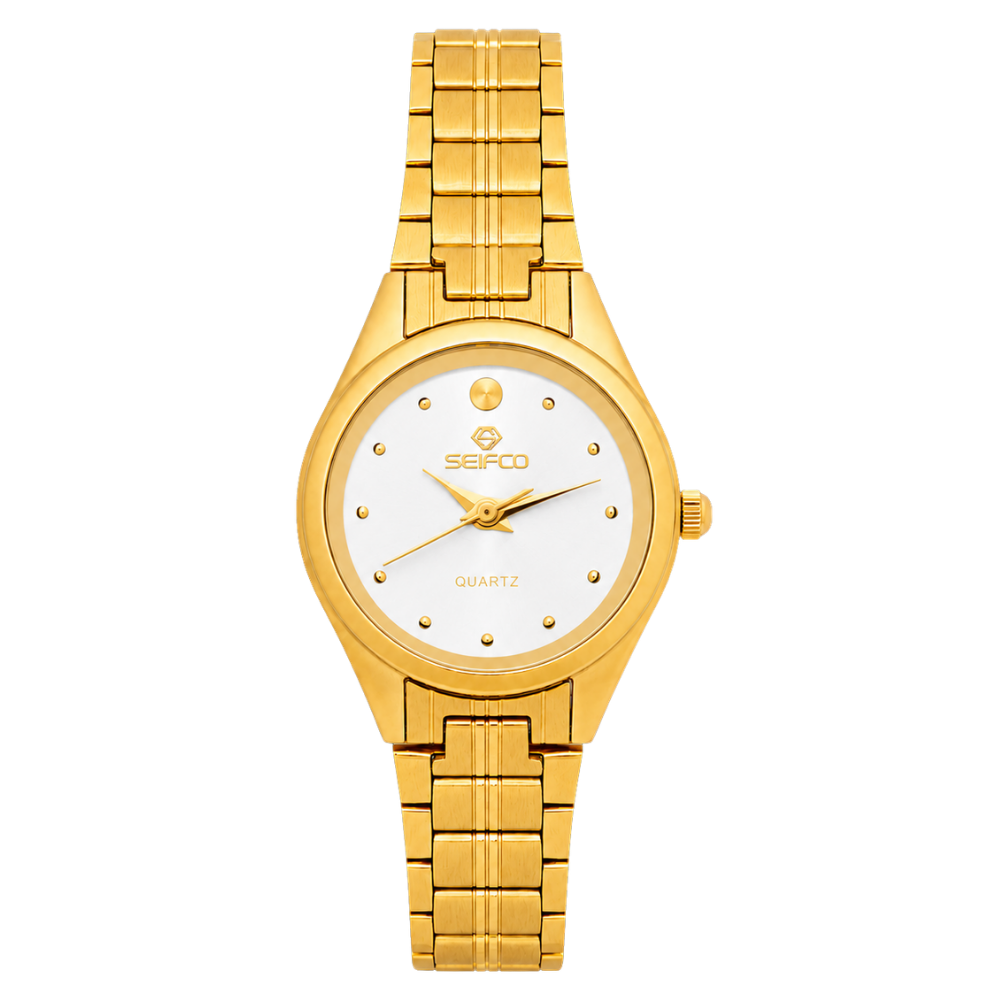SEIFCO Classic Women’s Stainless Steel Quartz Watch with White Dial and Gold Bracelet