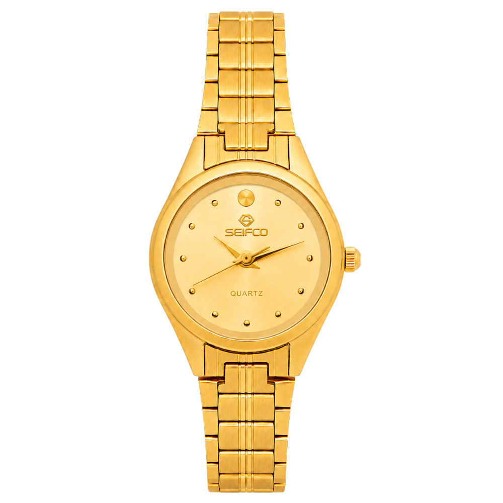 SEIFCO Classic Women’s Stainless Steel Quartz Watch with Gold Dial and Gold Bracelet