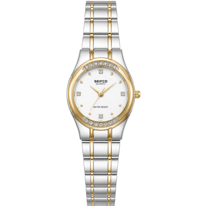 SEIFCO Classic Unisex Stainless Steel Watch with White Dial and Silver Gold Bracelet