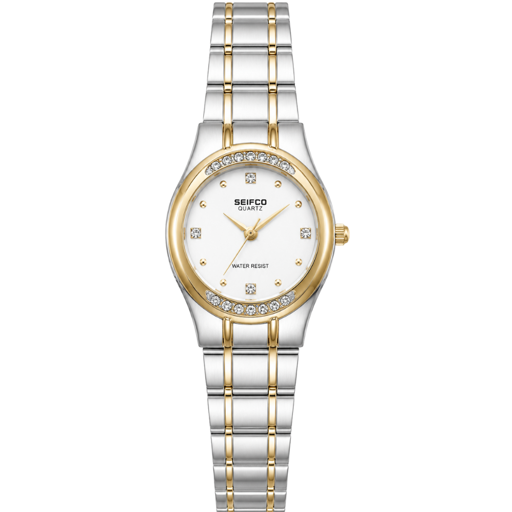 SEIFCO Classic Unisex Stainless Steel Watch with White Dial and Silver Gold Bracelet