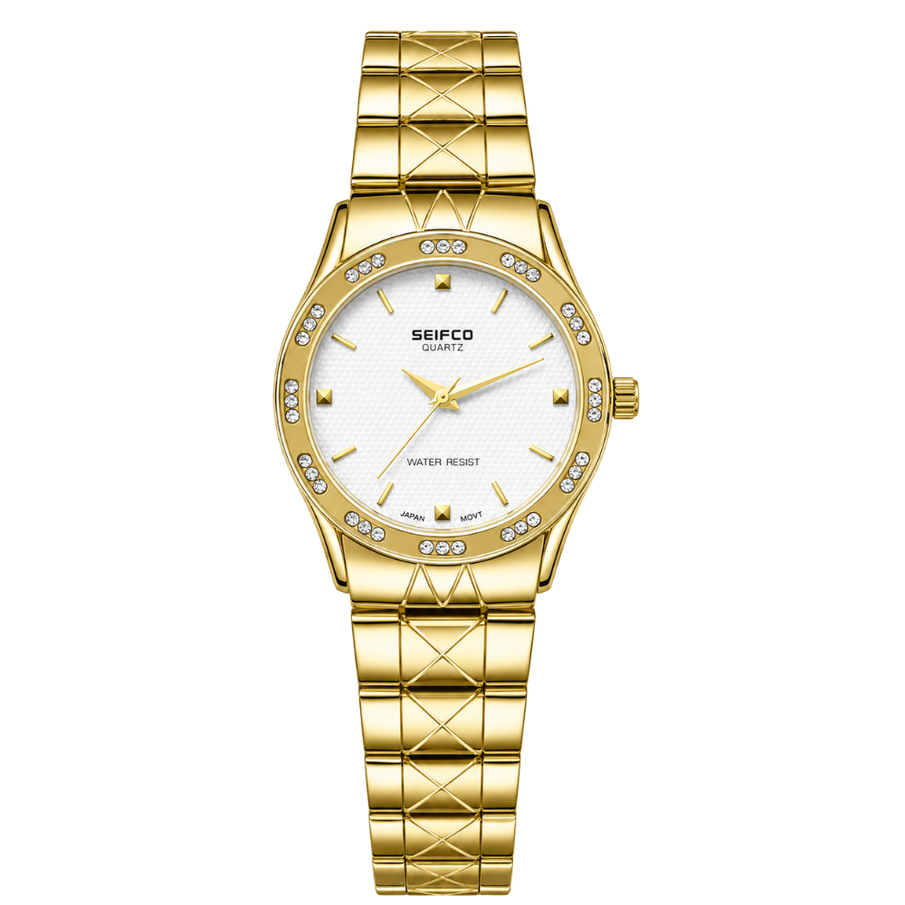 SEIFCO Classic Unisex Stainless Steel Watch with White Dial and Gold Bracelet