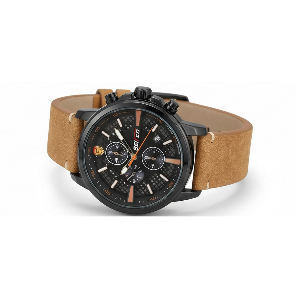 SEIFCO Sport Men’s Quartz Watch with Textured Black Dial and Brown Leather Strap - الصورة 4