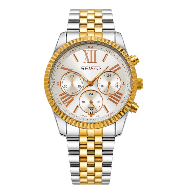 SEIFCO Classic Women’s Stainless Steel Quartz Watch with White Dial and Silver Gold Bracelet