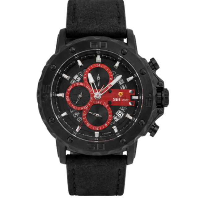 SEIFCO Sport Men’s Quartz Watch with Black Dial, Red Details and Black Leather Strap
