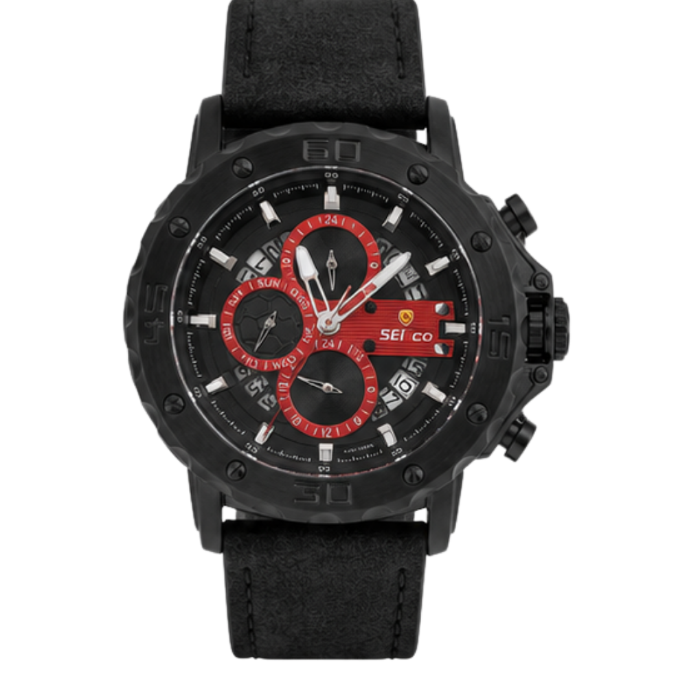 SEIFCO Sport Men’s Quartz Watch with Black Dial, Red Details and Black Leather Strap