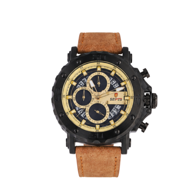 SEIFCO Sport Men’s Quartz Watch with Gold Multi-Dial and Brown Leather Strap